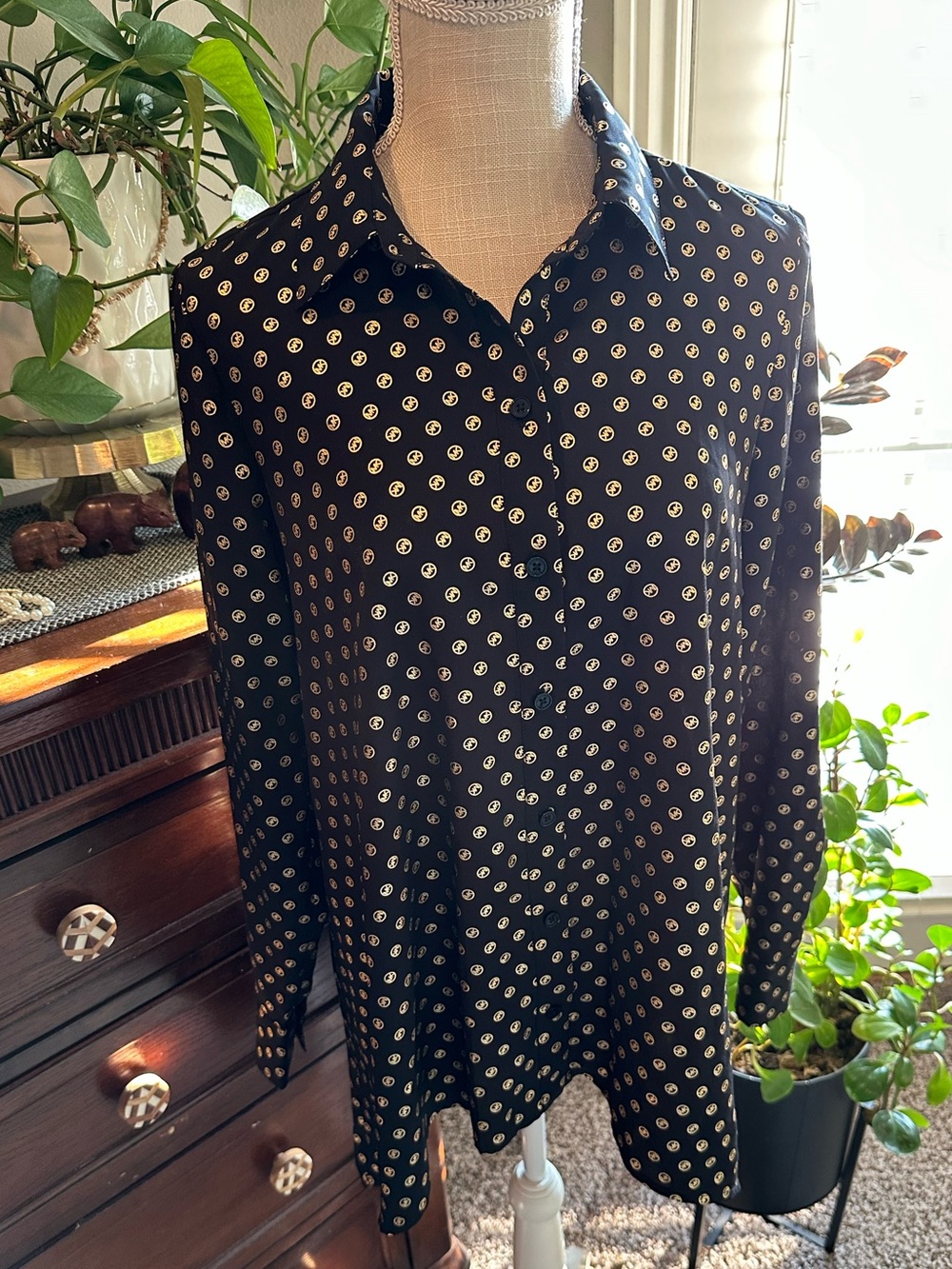 Michael Kors Black Button-Down Shirt with Cream Dot Pattern